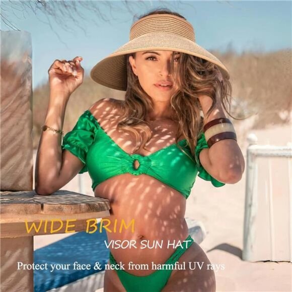 Wide Brim Straw Sun Visor Hat Women Ponytail UV Protection Foldable Beach - Picture 4 of 7